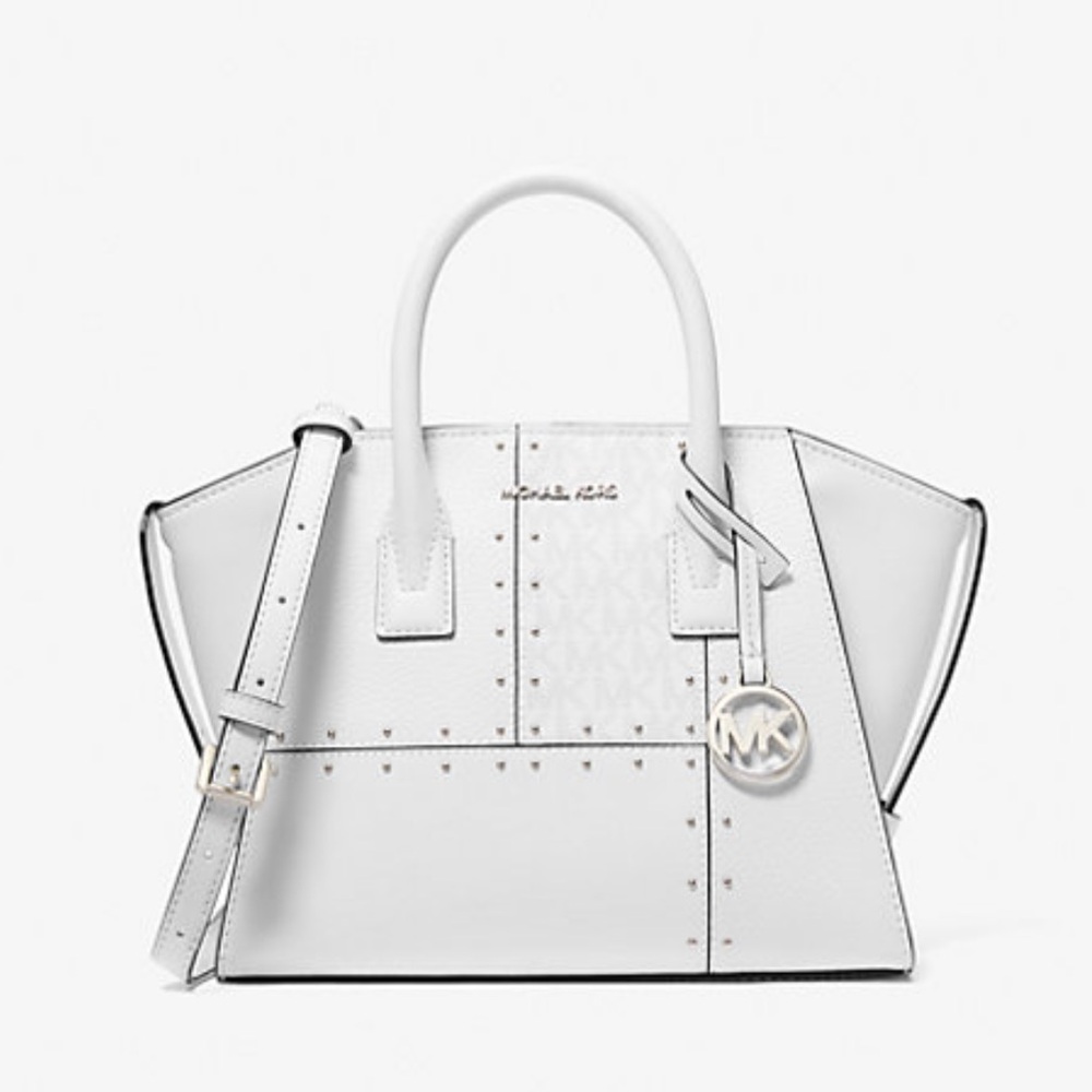 Michael Kors Avril Small Studded Patchwork and Signature Logo Satchel Crossbody